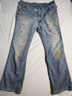 70s Levi’s for men with a skosh for more comfort stained paint jeans orange tab